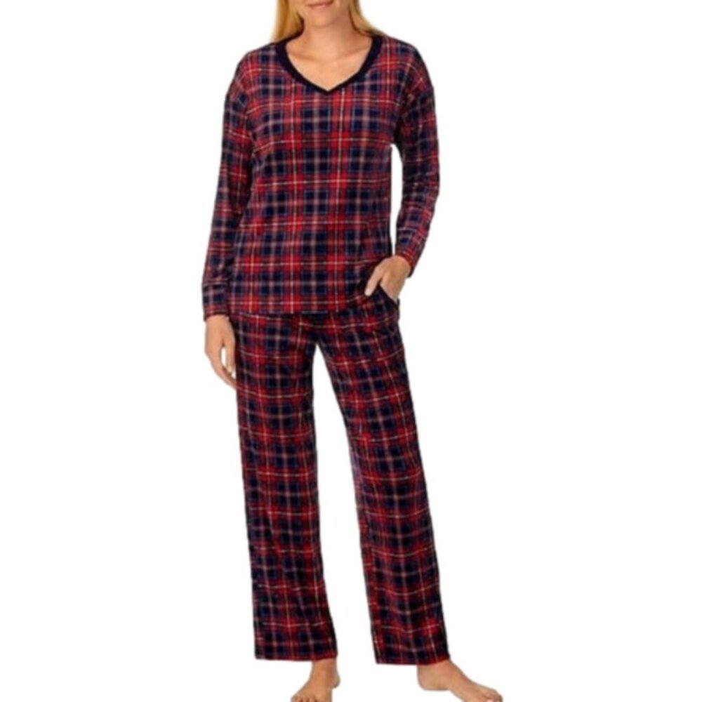 NWT NAUTICA Women's Sleepwear Set 2 Piece Red Navy Fleece Plaid Stretch Sz S